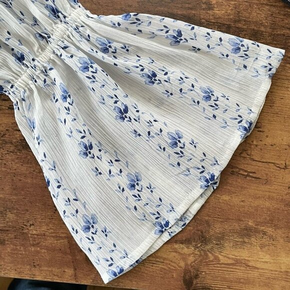 Club Monaco Womens Plumina Blouse XS Blue White Floral Silk Off Shoulder Boho - Picture 7 of 8